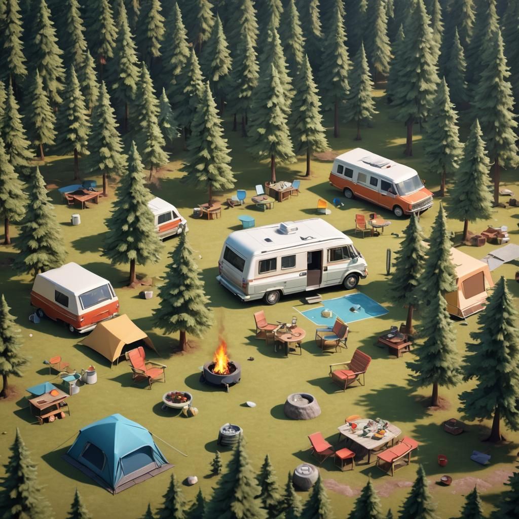 Cartoon Campsite in Forest, 3D Rendering