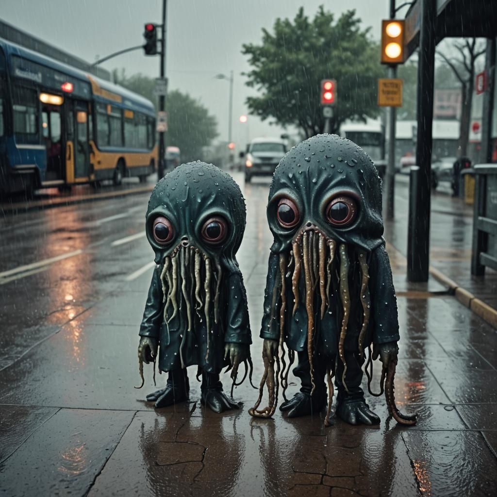 Crying Evil Squid at Bus Stop