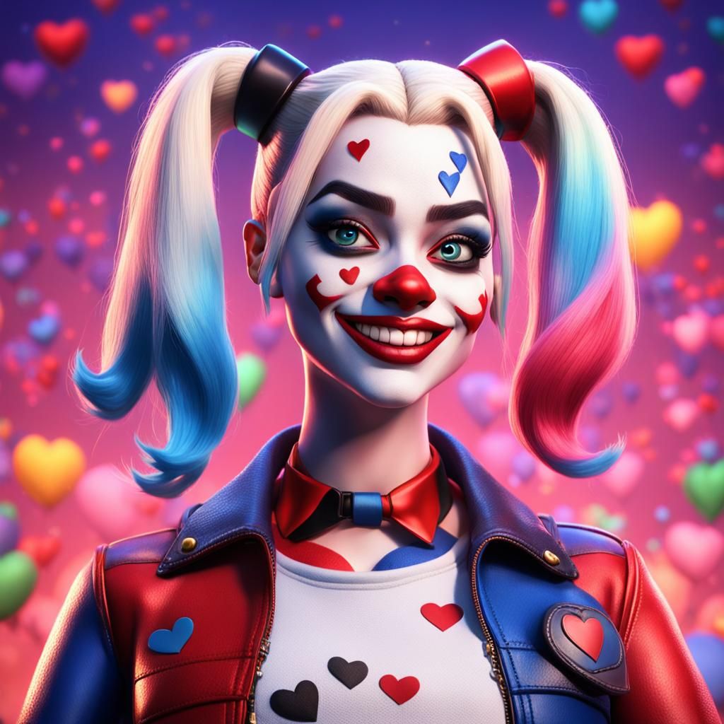 Joyful Harley Quinn Spreads Love: Pixar-Style 3D Art