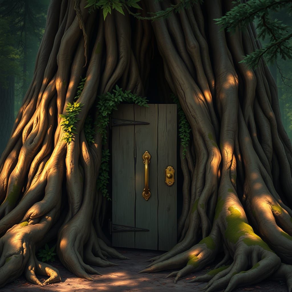 Mysterious Door in Ancient Forest, Dark Fantasy Style