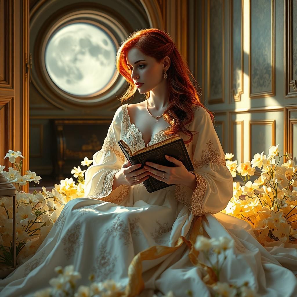 una mujer con pelo largo rojo, sentada en una habitacion de palacio, rodeada de flores de lirio, sentada en el suelo con...