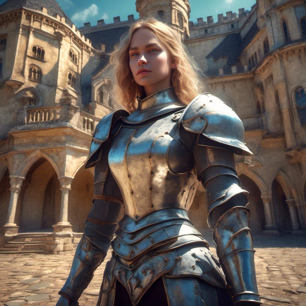 Armored Female Knight Standing Proudly Before Castle