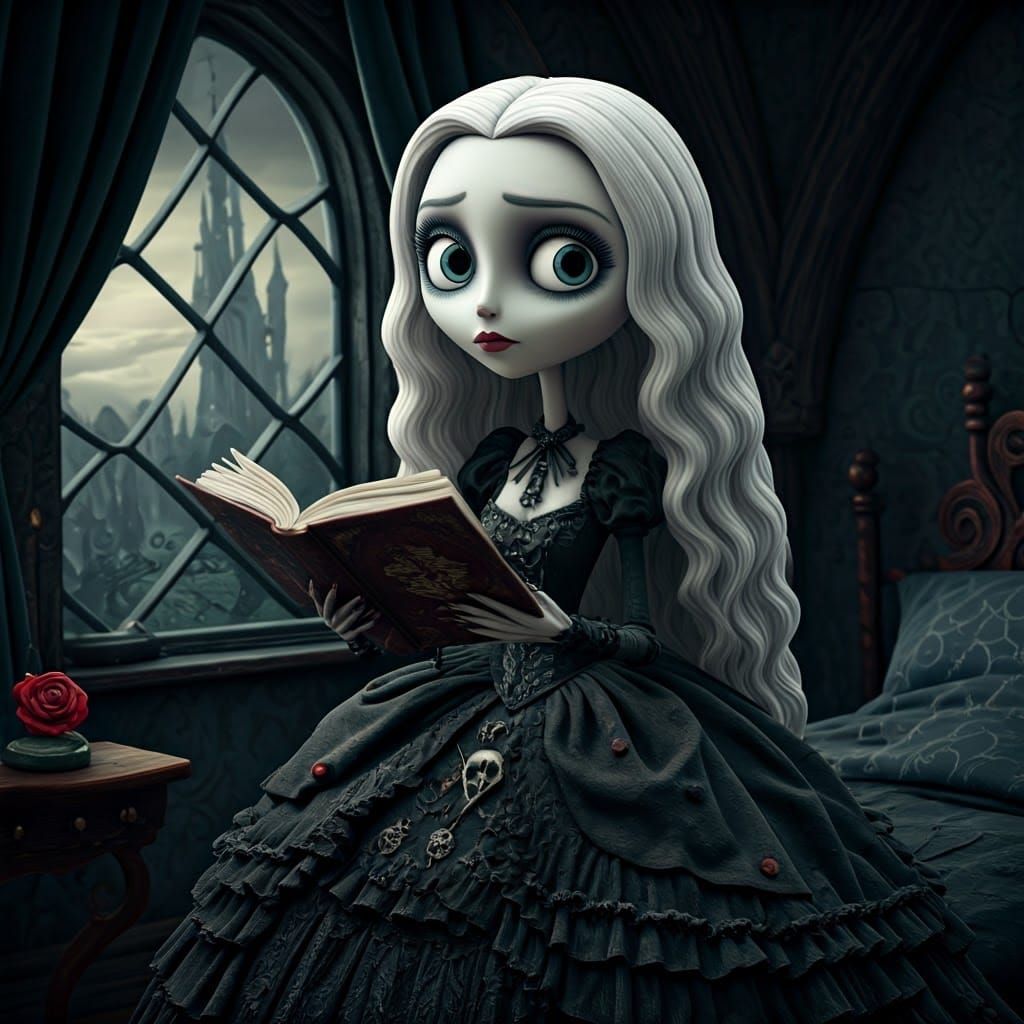 Gothic Woman Reading in Dark Fantasy Disney Style