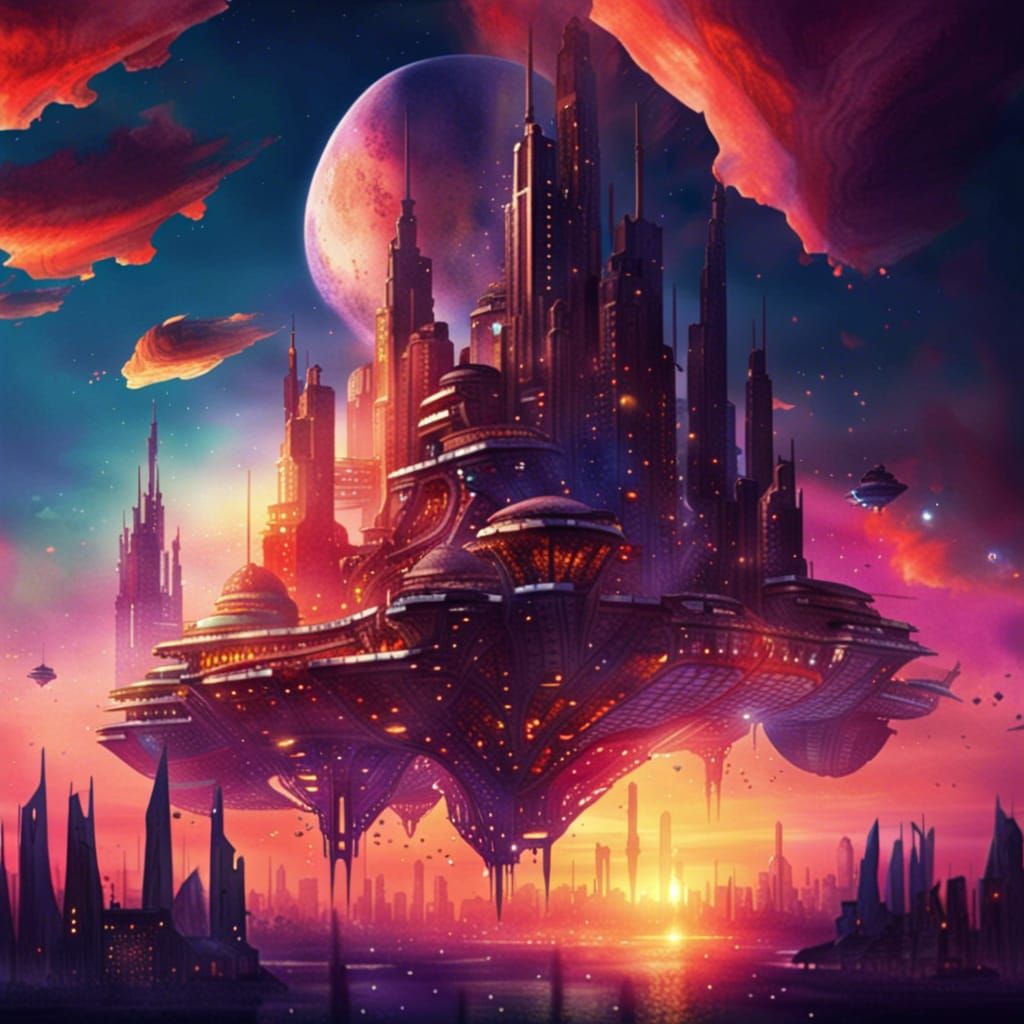 Futuristic Sky City at Sunset: Magical Watercolor Art