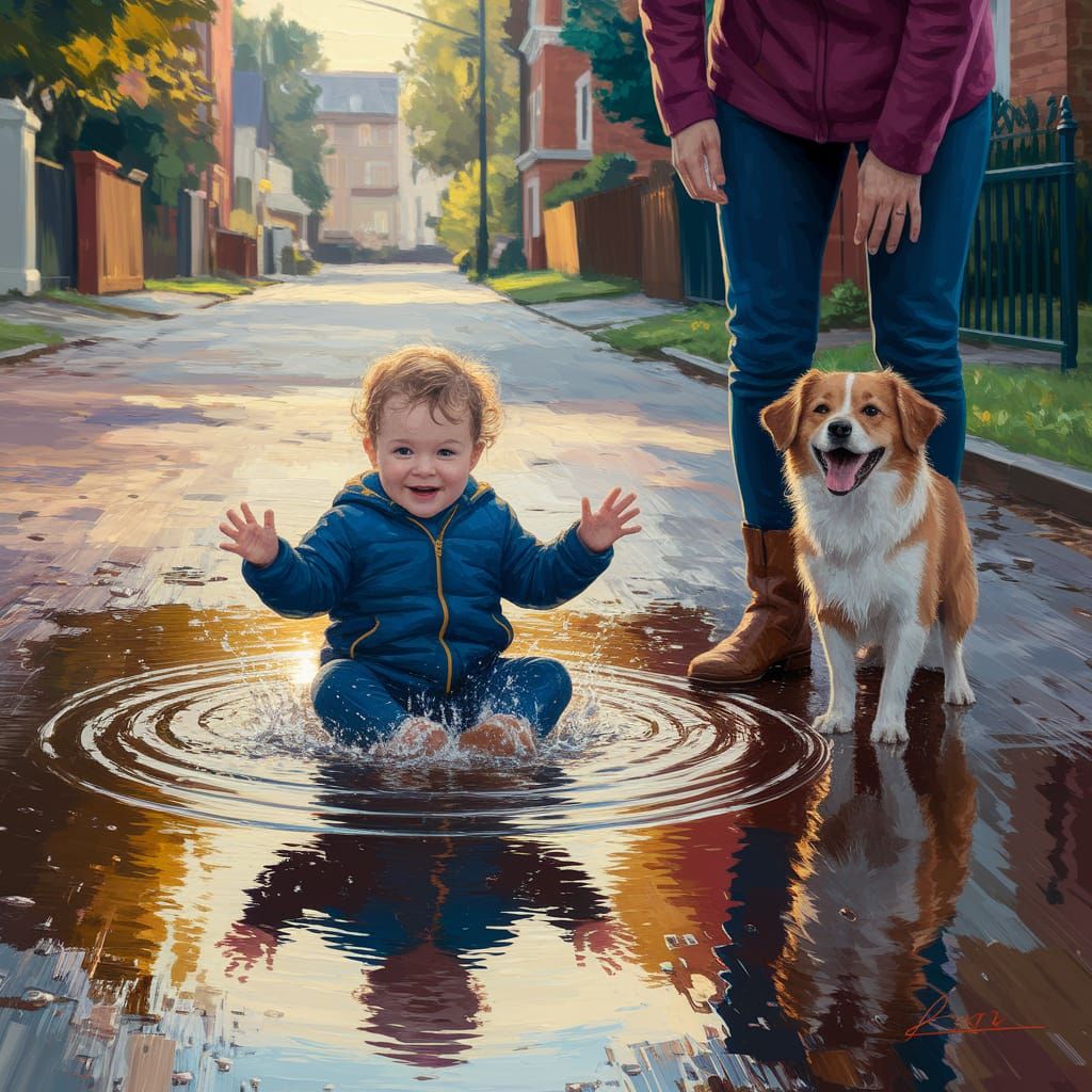 Toddler's Joyful Puddle Adventure in Oil Painting Style