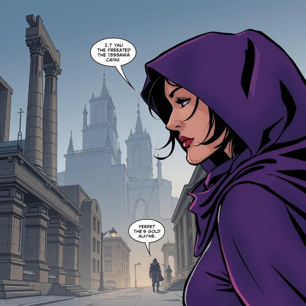 Woman in Purple Outfit in Ruined City, Comic Book Style