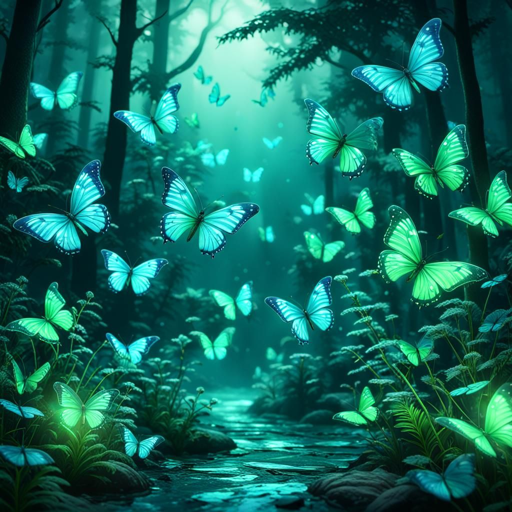 Neon Butterflies in a Sea Forest, 3D Digital Art
