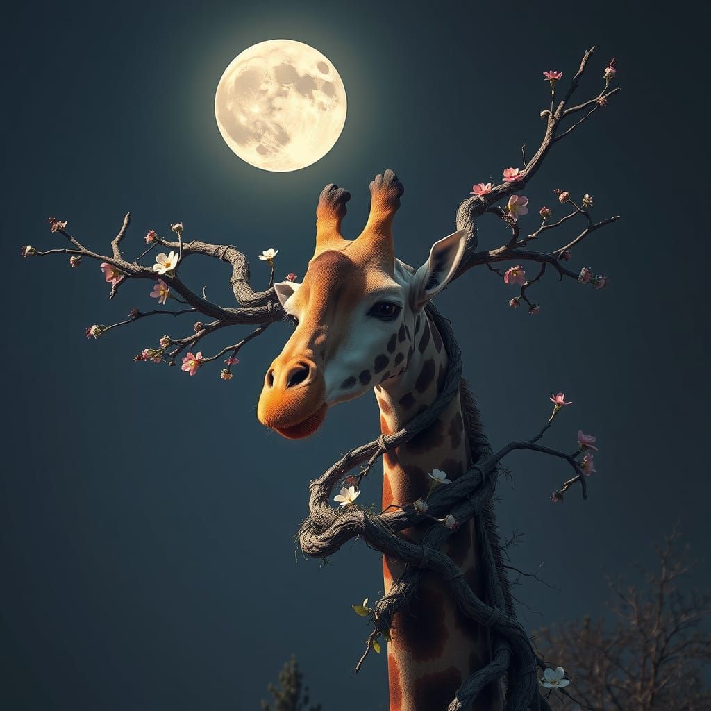Giraffe Under Full Moonlit Night Sky