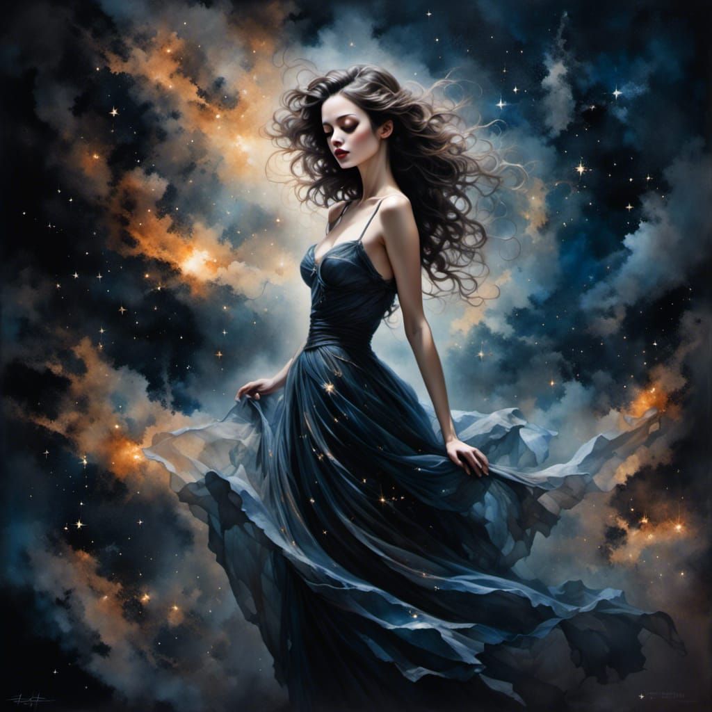 Cosmic Starlight Gown: A Dark Fantasy Portrait