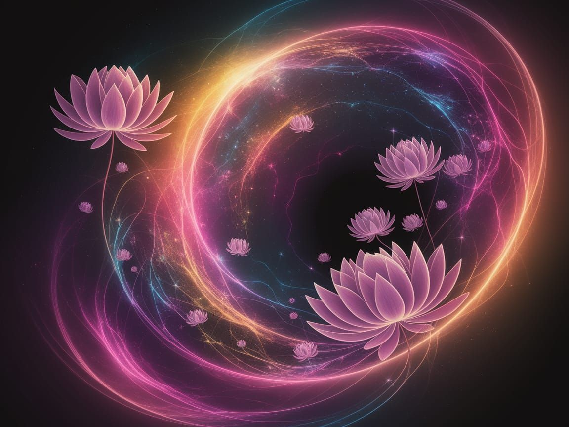 Ethereal Cosmic Landscape with Lotus Patterns in Vibrant Hue...