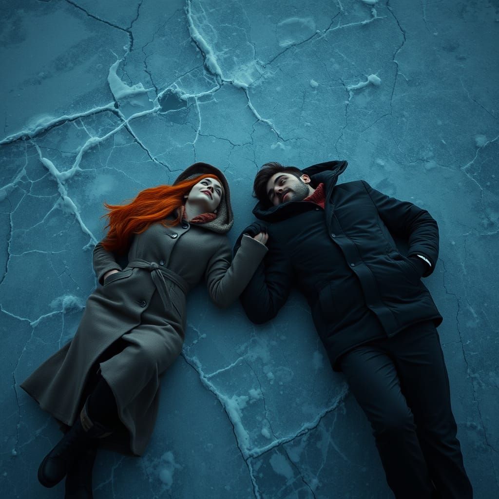 Lovers Gaze at the Night Sky on Frozen Lake