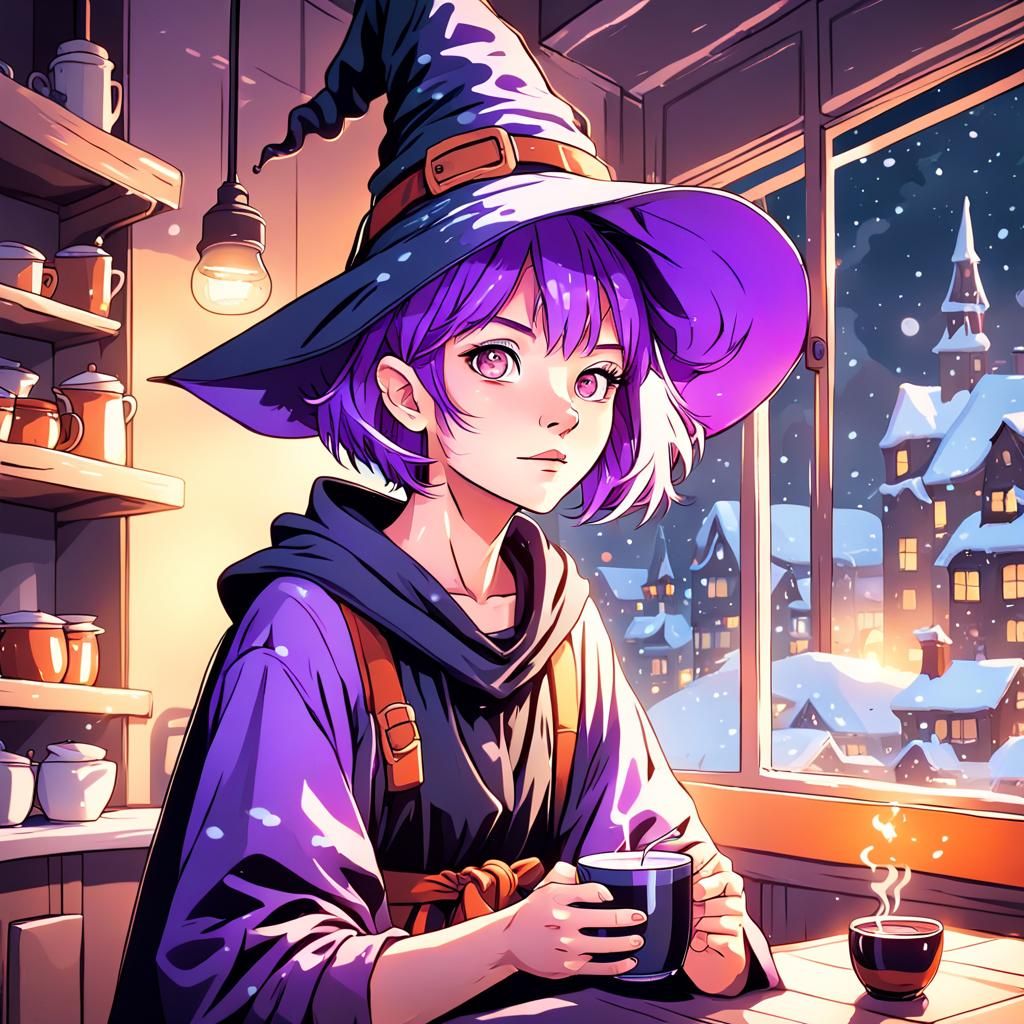 Pastel Colors Anime Woman Witch in Snowy City Kitchen