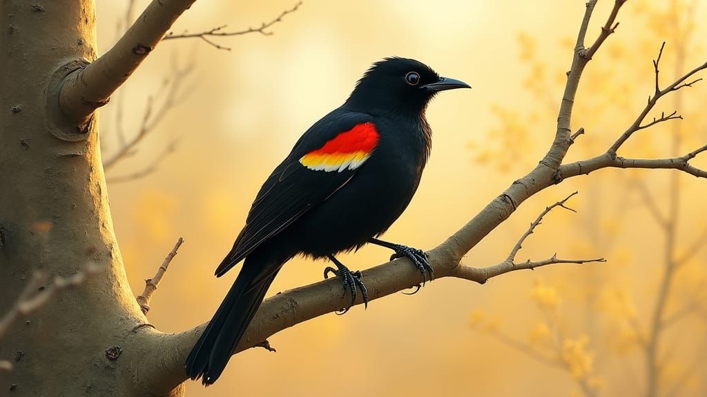 Vibrant Redwing Perched on a Gnarled Branch