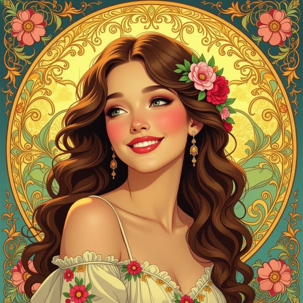 Joyful Woman in Art Nouveau Style with Floral Patterns