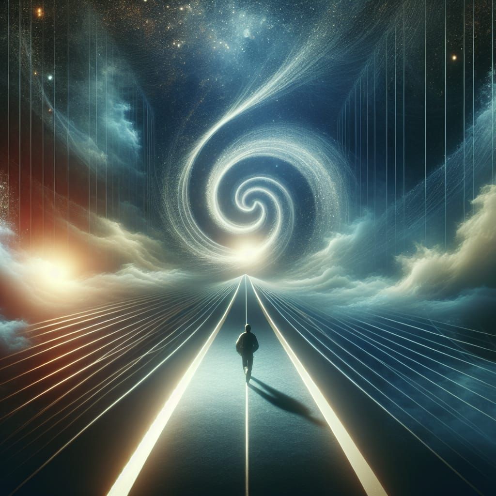 Surreal Journey: Lone Figure Walking Towards Infinity