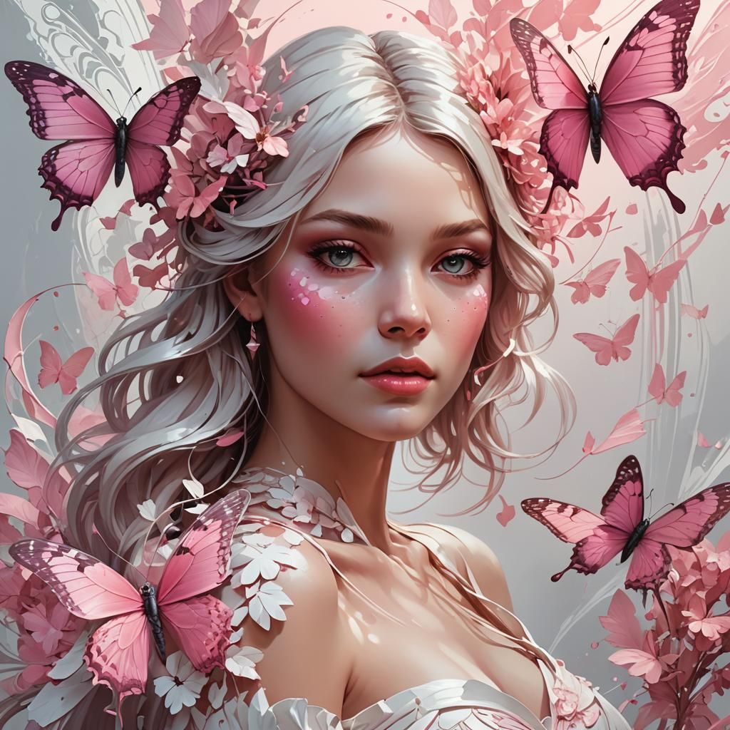 Woman Portrait with Pink Butterfly, Detailed Digital Art