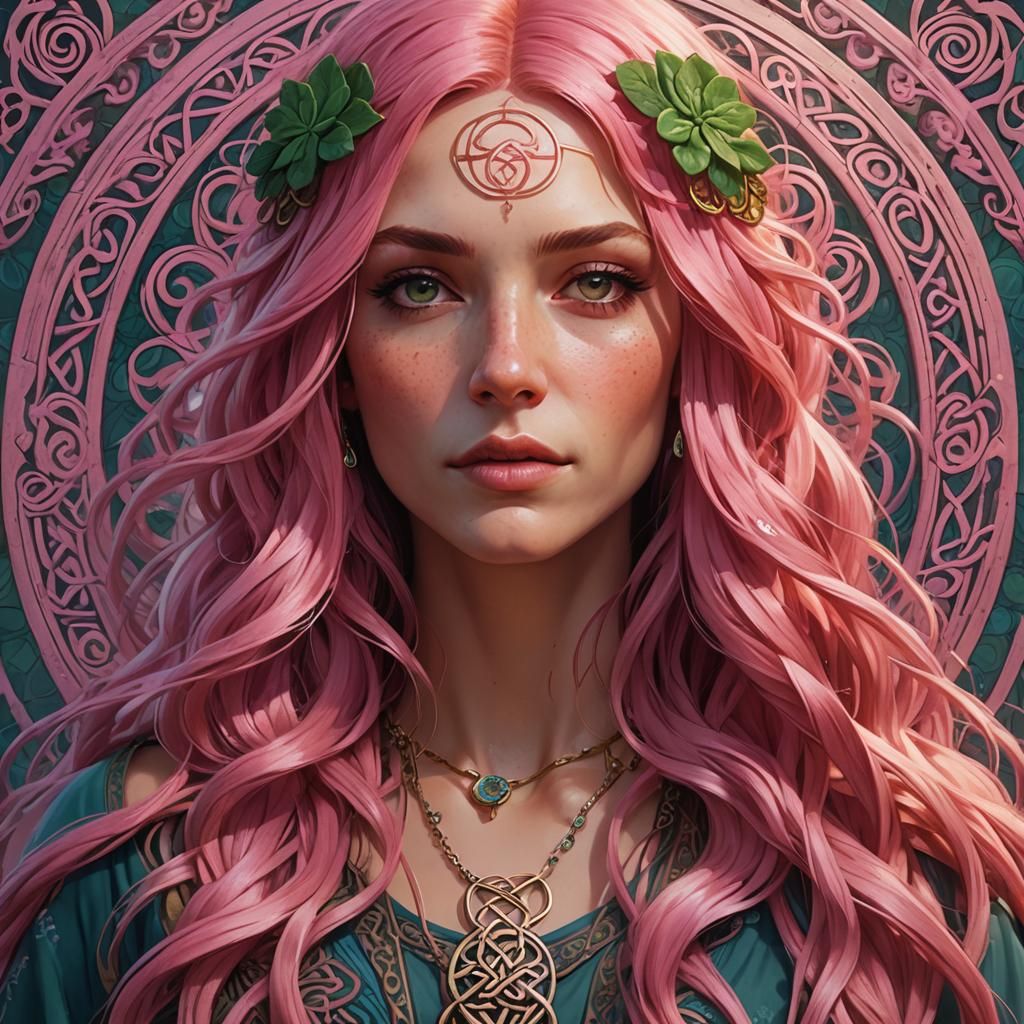 Hippy Girl with Pink Hair and Celtic Background