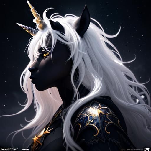 Fantastical Black Unicorn with Stars, Detailed Art