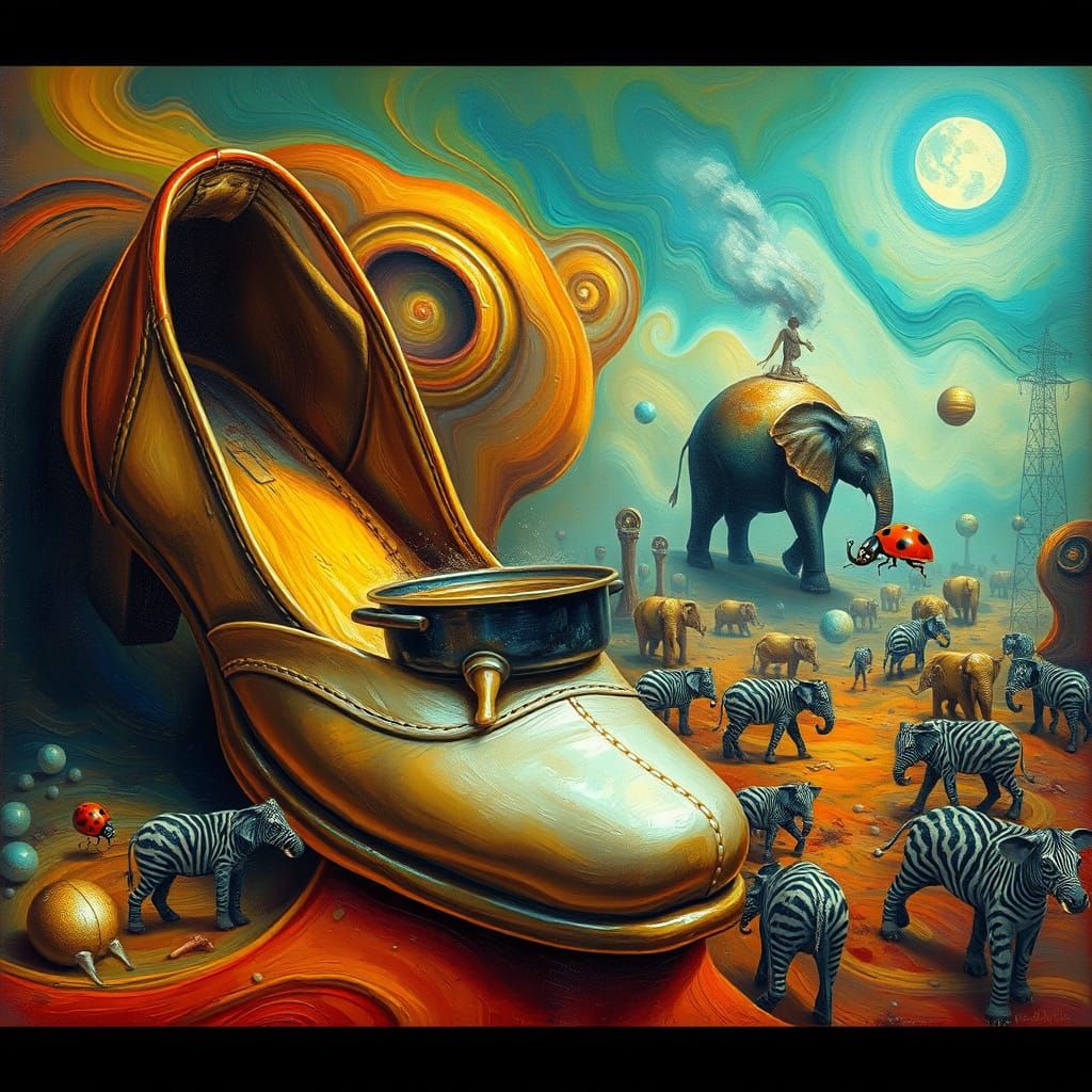 Surreal Dream Landscape with Ladybug and Melting Shoe