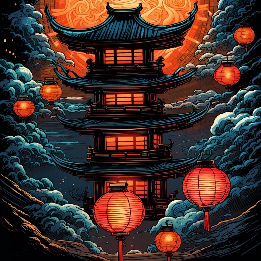 Japanese Lantern in Comic Book Art Style