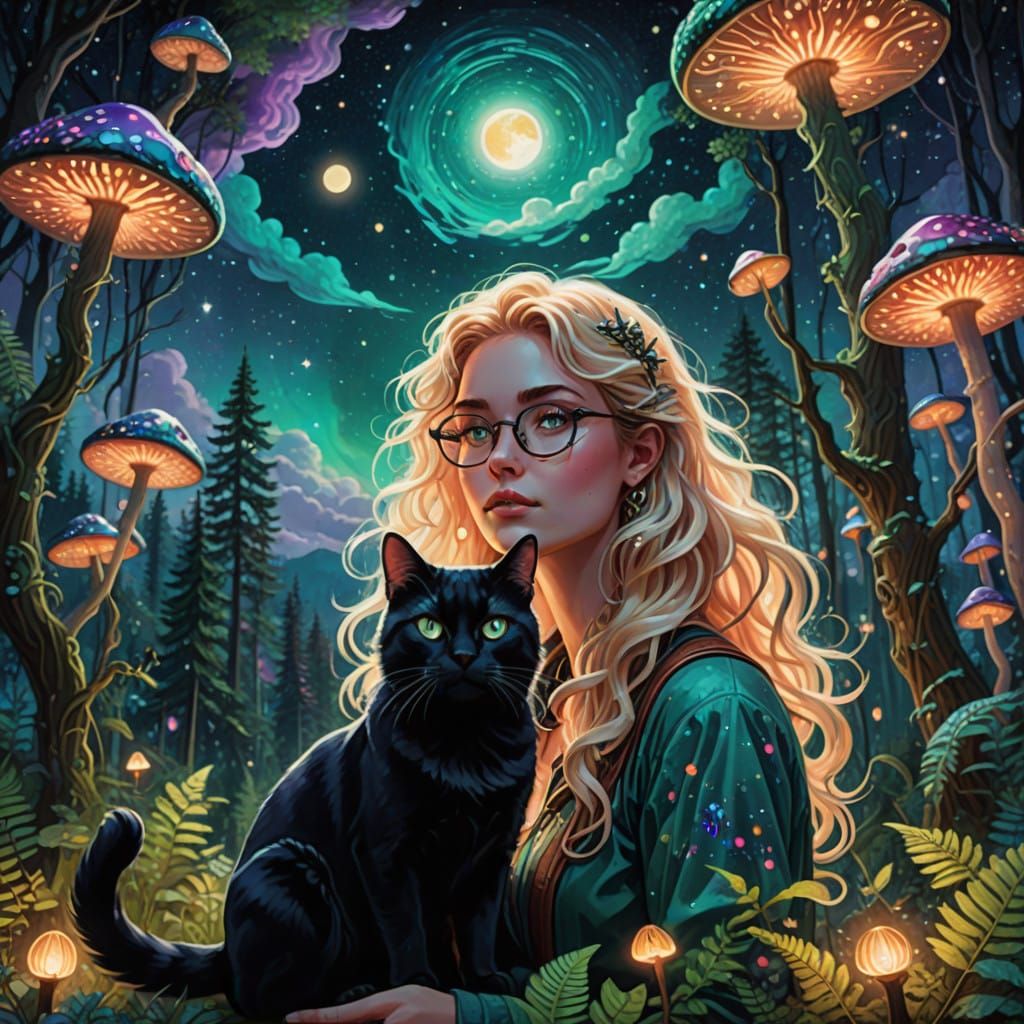 Magical Forest Scene under Starry Skies in Dreamlike Hologra...