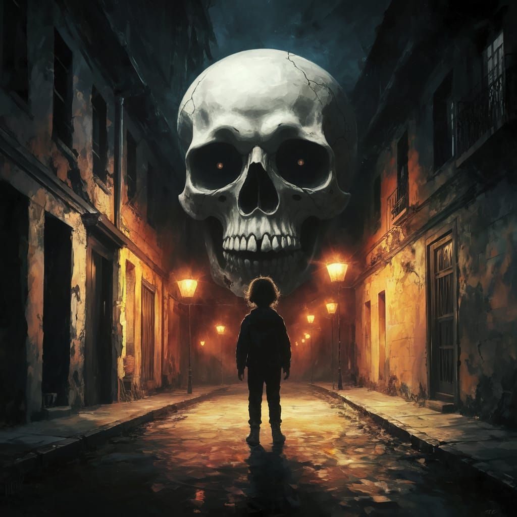 Eerie Street Scene with Death Skull and Child