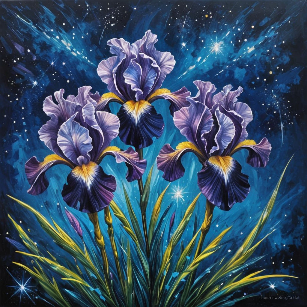 Abstract Purple Iris Blooms under Twinkling Celestial Lights