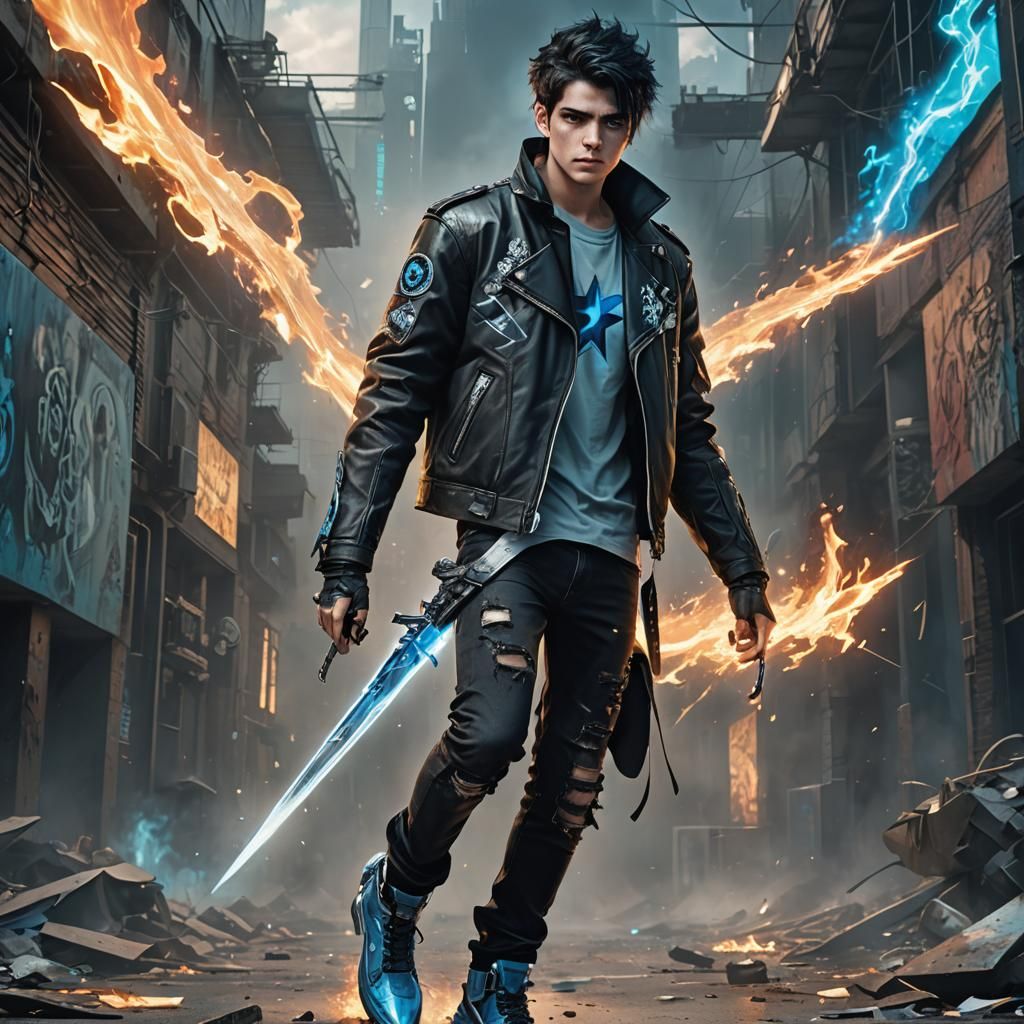 Young Man with Flaming Sword: Digital Art