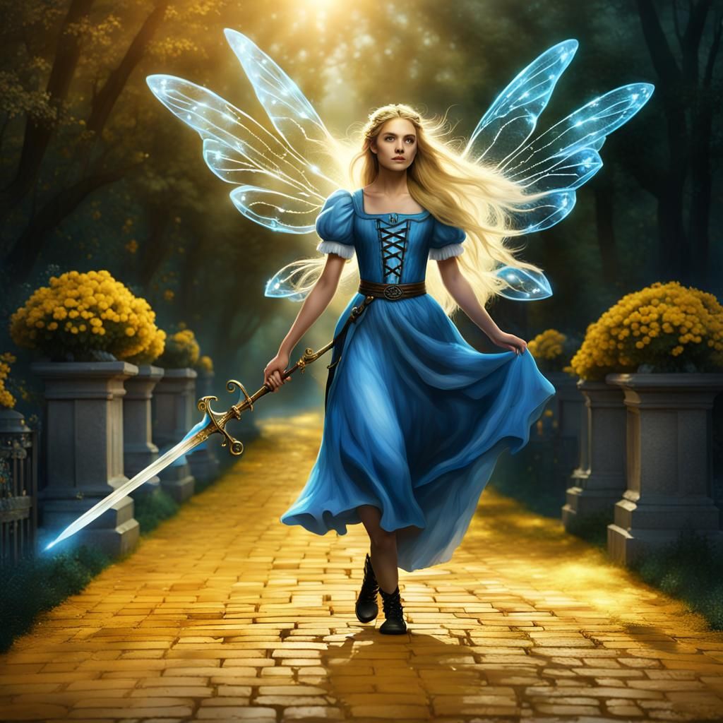 Fairy with Glowing Wings on Yellow Brick Road