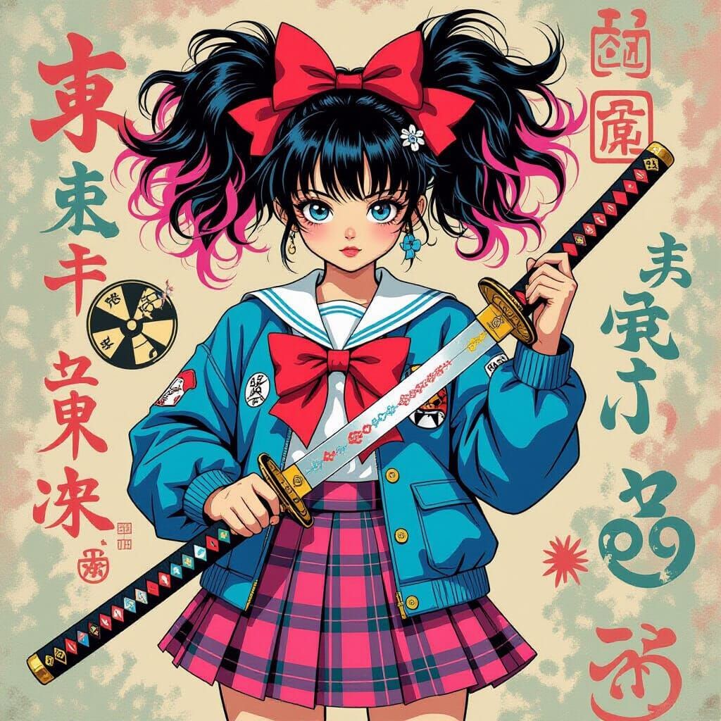 Japanese Schoolgirl with Sword in Murakami-Mead-Thorp Style