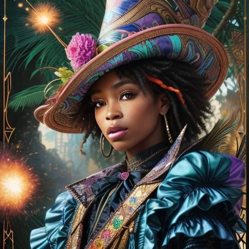 Fantastical Woman in Maximalist Hat with Exploding Colors