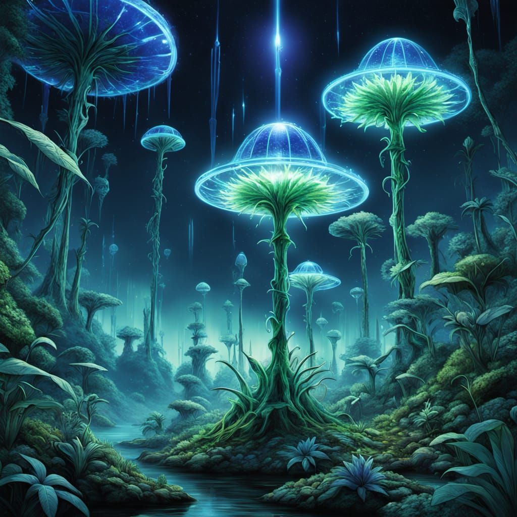 Hexapedal Aliens on Bioluminescent Jungle Planet