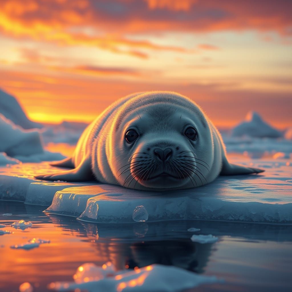 Harp Seal on Iceberg at Sunset