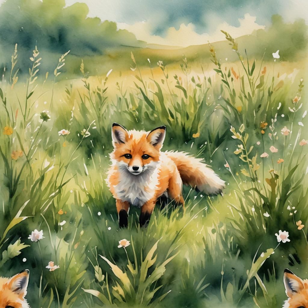 Watercolor Baby Fox in Dreamy Meadow