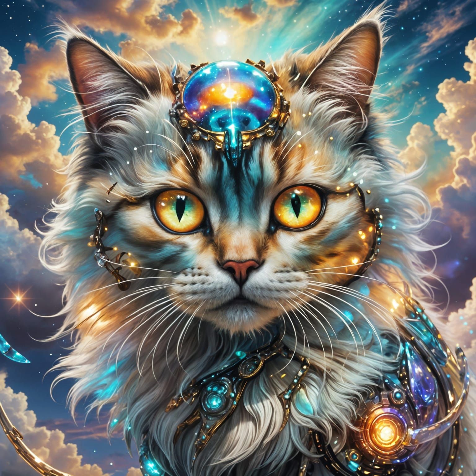 Iridescent Cyborg Cat in Nautilus Shell