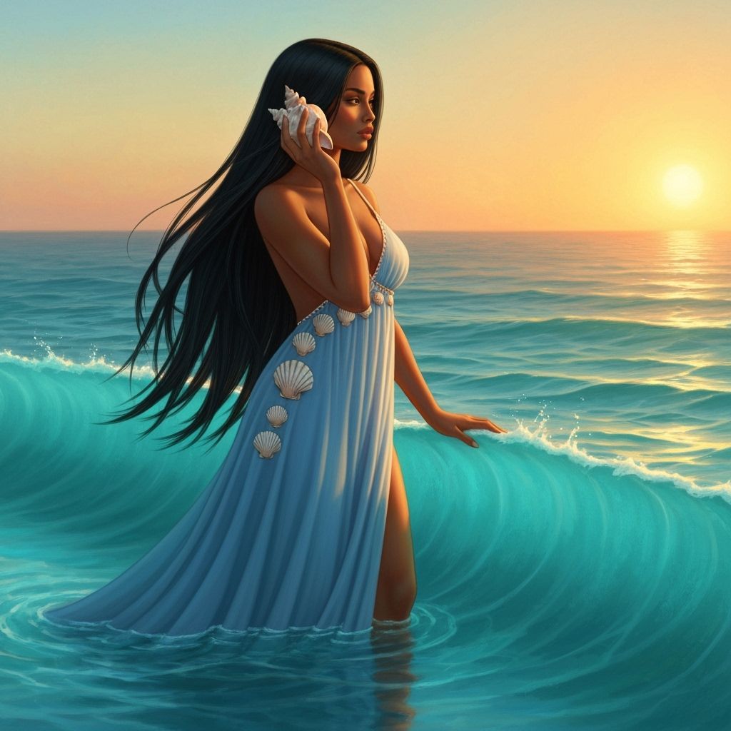 Ocean Goddess Sailing, Alphonse Mucha Style