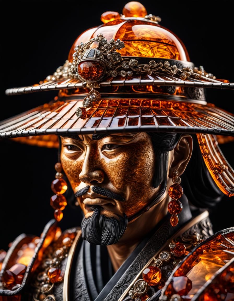 Crystal Samurai in Jingasa Hat: Hyperrealistic Image