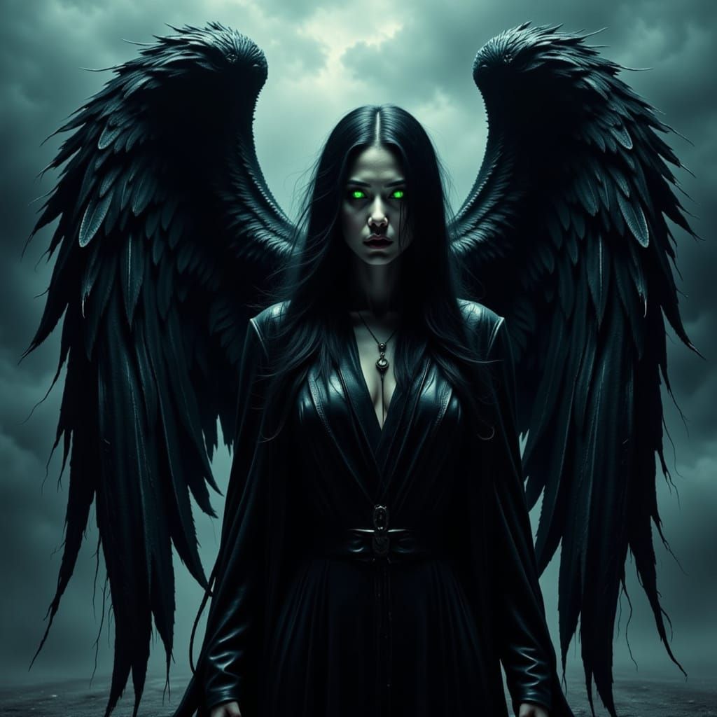Dark Fantasy Fallen Angel with Razor-Tipped Wings and Glowin...