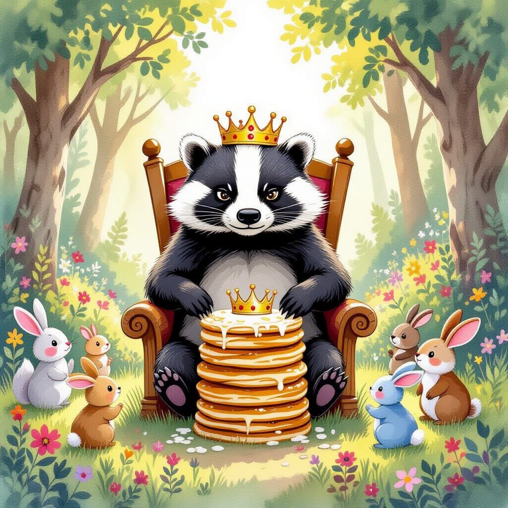 Crowned Badger on Pancake Throne, Watercolor Illustration