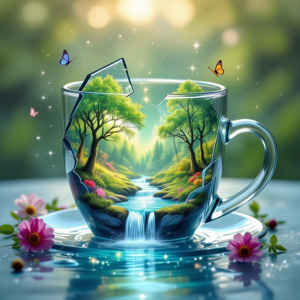 Enchanted Forest Revealed in Broken Glass Cup