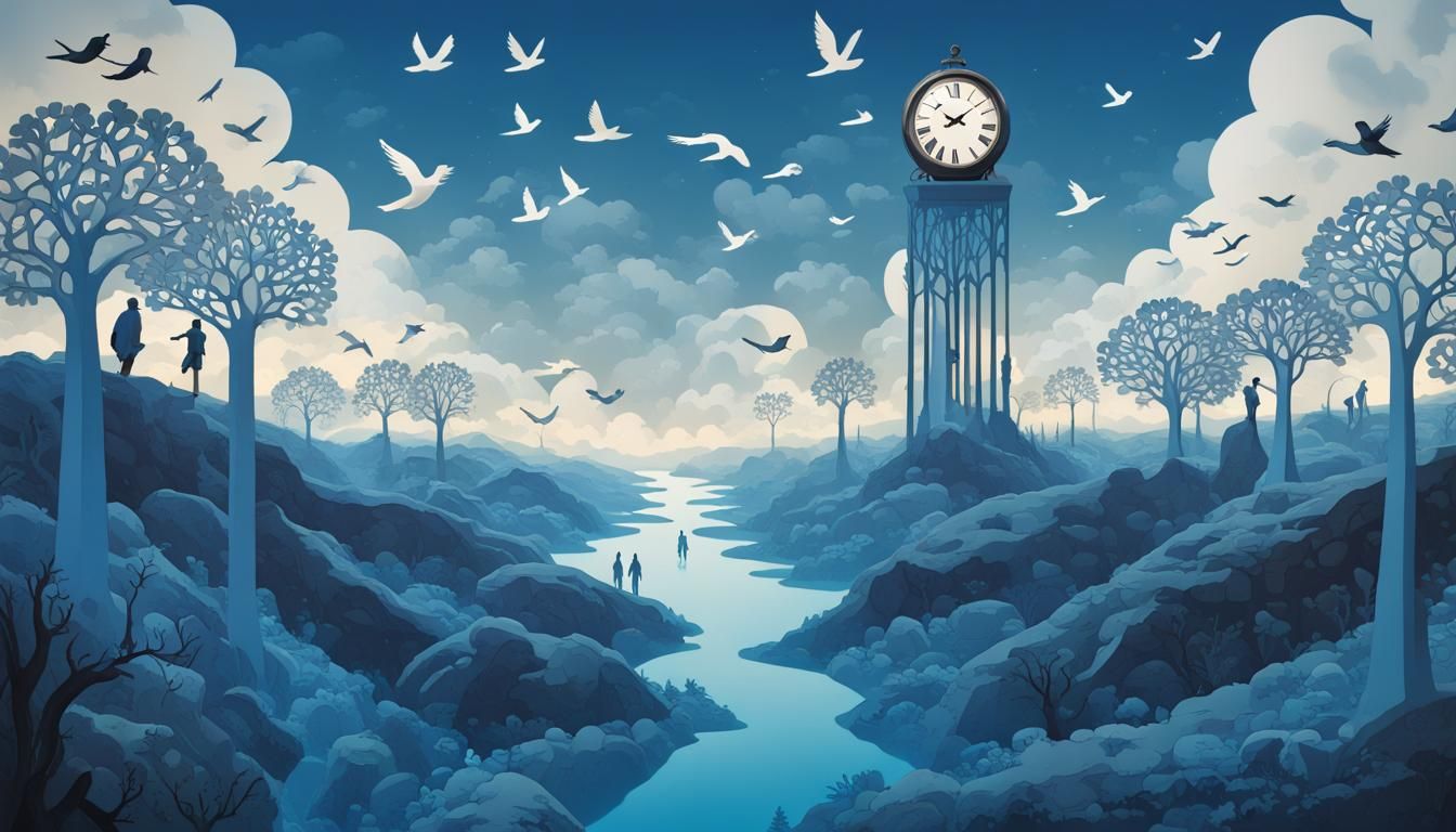 Surreal Clock Walker in Vast Blue Realm