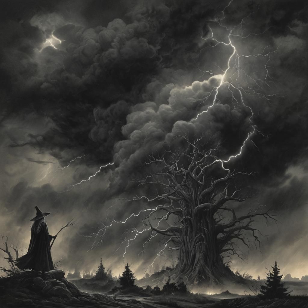 Twilight Witch in a Surreal Watercolor Thunderstorm