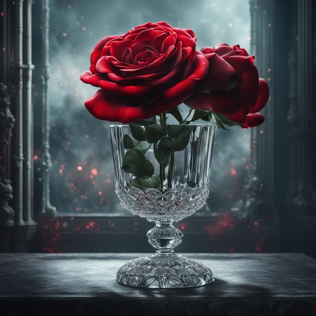 Single Red Rose in Crystal Vase: Dramatic Digital Art