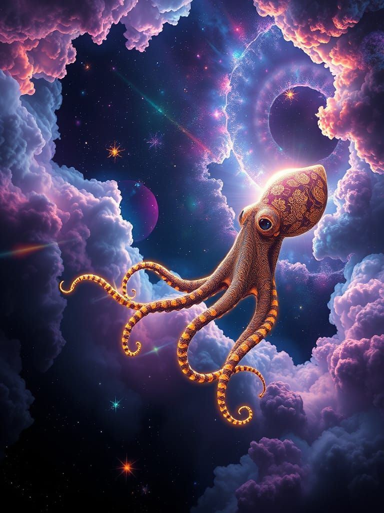 Bioluminescent Squid in Fractal Galaxy