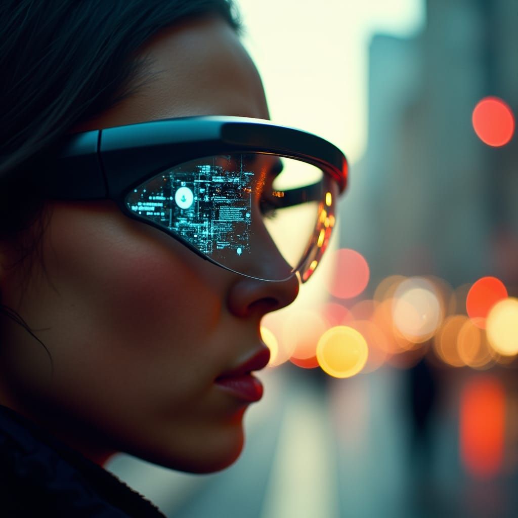 Augmented Reality Smart Glass Reflecting Cityscape on Film