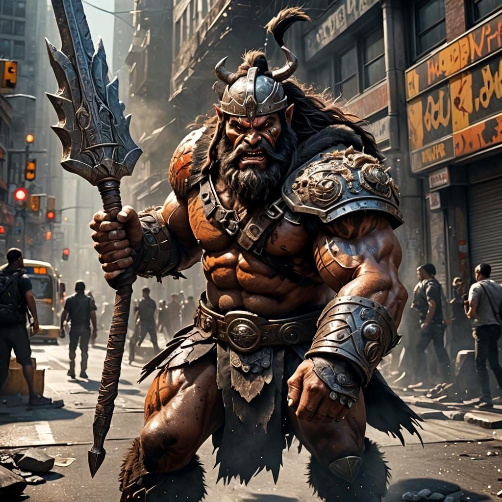 Barbarian with Mace on City Bus, Hyperrealistic Painting