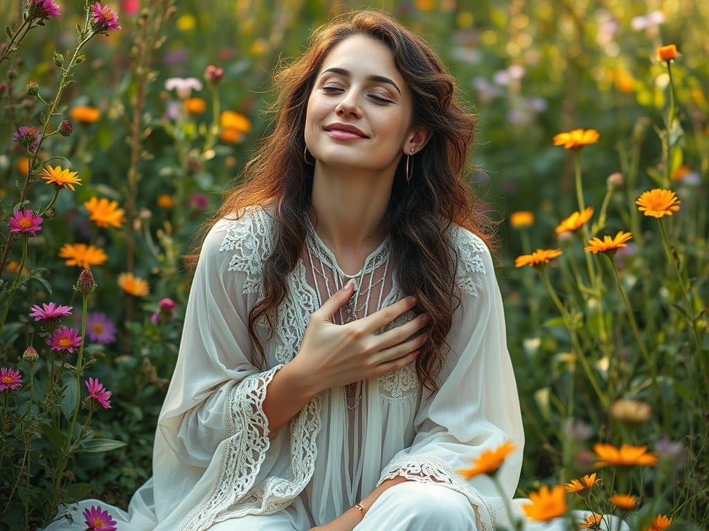 Mystical Woman in Nature, Exuding Compassion and Wisdom