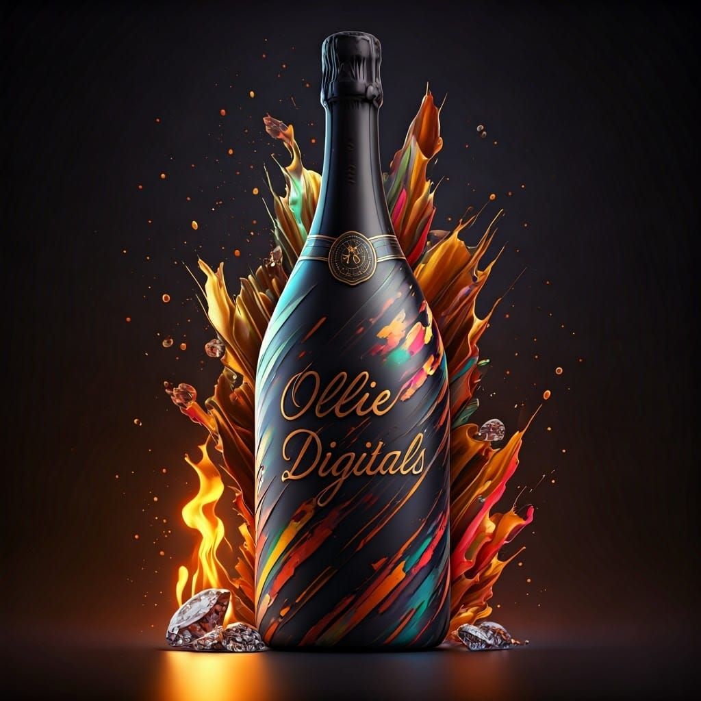 A 3D render of a massive black champagne Bottle with vibrant...