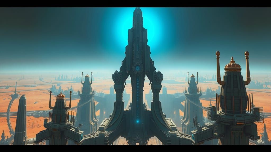 Vast Alien City with Brutalist Biomechanical Spire