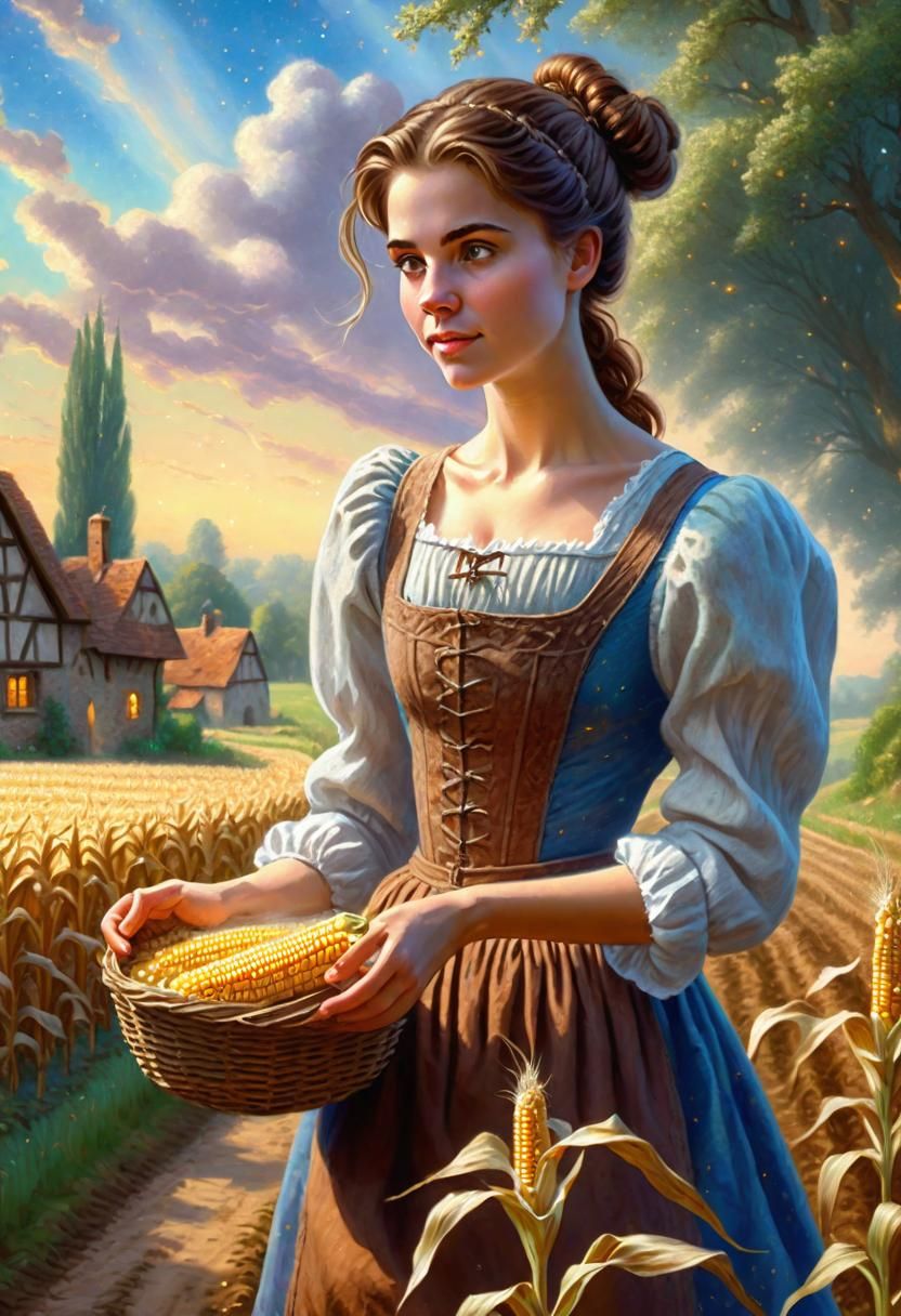 young woman sowing corn in a field
